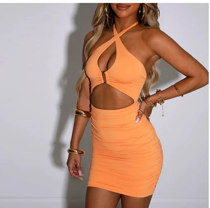 Summer Cut Out Women's Ruched Cross Halter Short Mini Dress