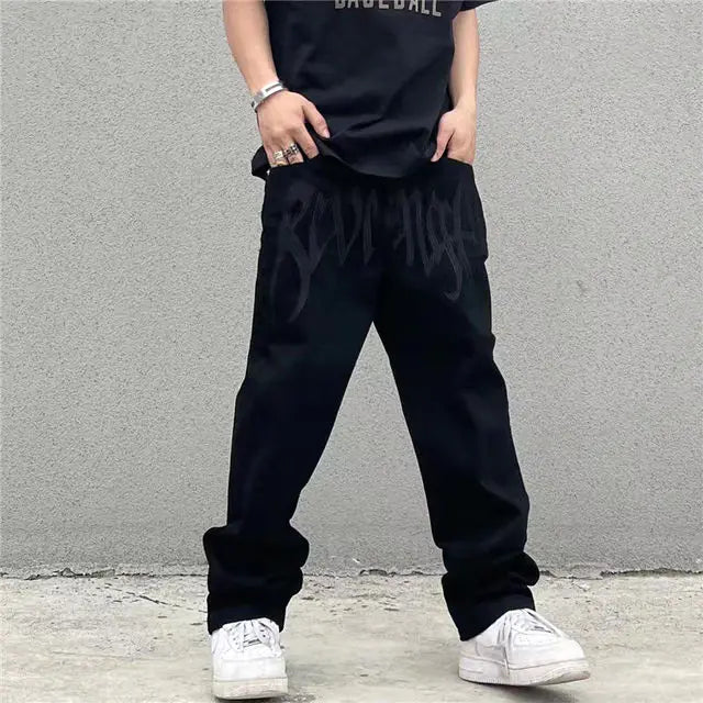 Men's Jeans Black Baggy Men Vintage Letter Embroidery Wide Leg Y2k Hombre Casual Straight Hip-hop