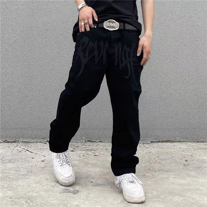 Men's Jeans Black Baggy Men Vintage Letter Embroidery Wide Leg Y2k Hombre Casual Straight Hip-hop